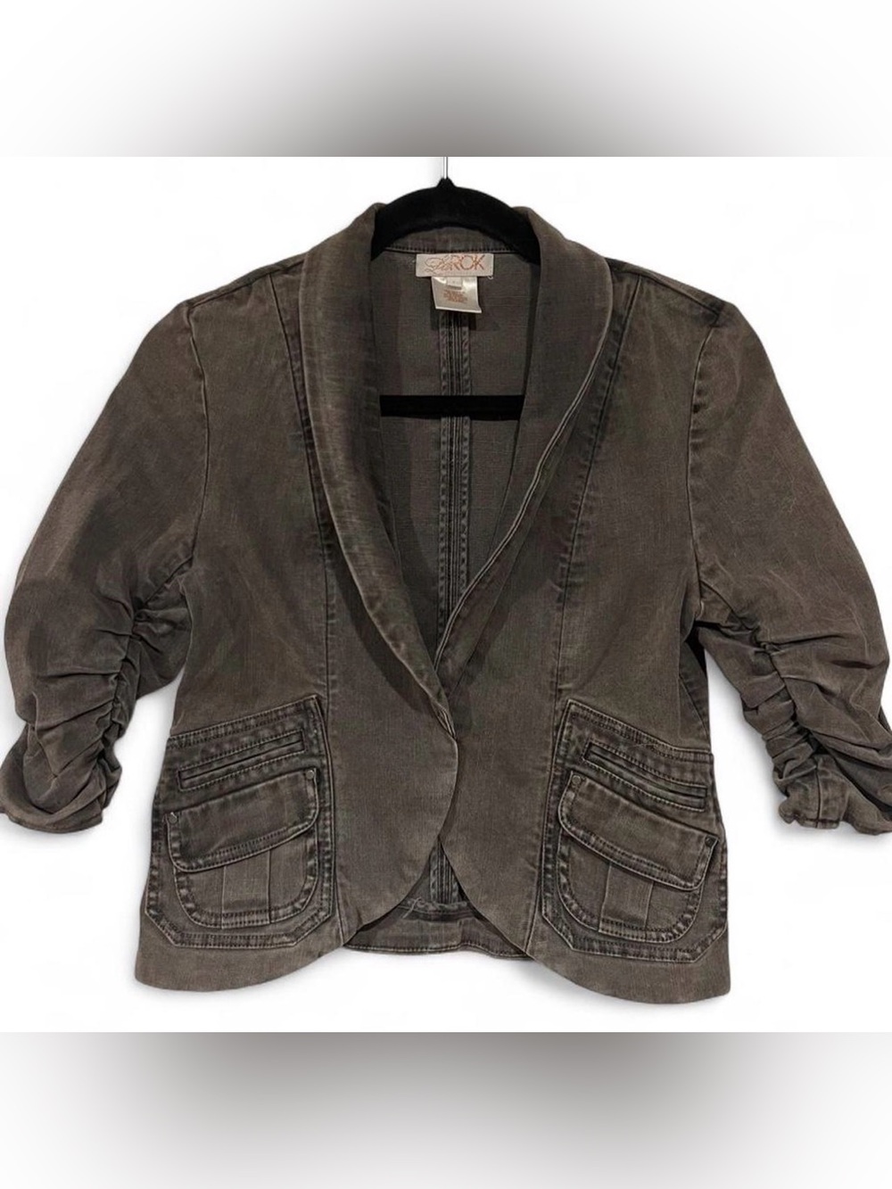 Vintage Y2K LaRok Grey Ruched Sleeve Utility Cargo Blazer Jacket 4